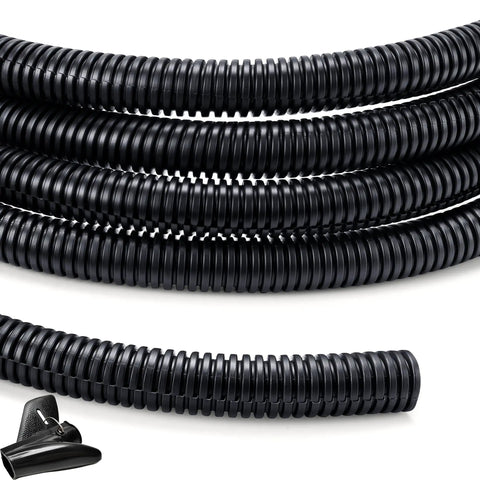 Close-up of Split Loom Wire Cover One Half Inch By Ten Feet, flexible black cable management tubing for wires, showcasing ribbed design.