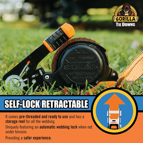 Real Deal Heavy Duty Retractable Ratchet Tie Down Straps Orange One Inch By Sixteen Feet Two Pack Self Locking Cargo Control Gear on grass