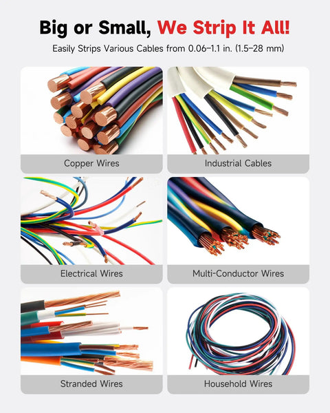 Electric Wire Stripper Machine No-Fuss 7 Channel And 7 Blades For 0.06-1.1 In Wires, various wire types shown