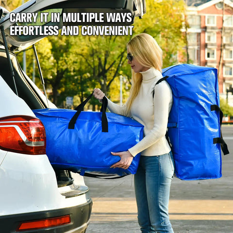 Person loading car with Heavy Duty Blue Moving Bags With Sturdy Zipper Handles And Backpack Straps Ditch The Moving Boxes