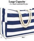 Waterproof Sandproof Large Canvas Beach Tote for Women with Zippered Wet Pocket, blue and white striped design, size 20.8x14.5x7 in
