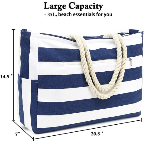 Waterproof Sandproof Large Canvas Beach Tote for Women with Zippered Wet Pocket, blue and white striped design, size 20.8x14.5x7 in