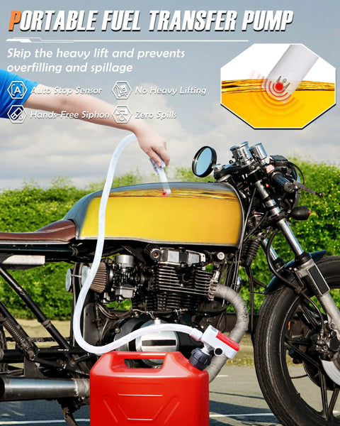 Battery Powered Gas Can Pump For Quick Fuel Transfers, Electric Siphon Pump With Auto Stop At 3.4 GPM shown in use with motorcycle