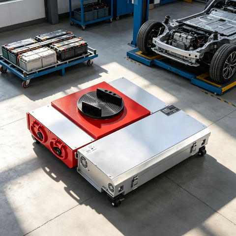 Badass Heavy Duty Electric Mover Transfer Cart With Remote Control Steering Smooth Rotating Turntable Load Platform in a factory setting.