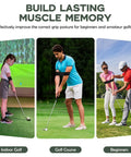 Grip Trainer And Swing Correcting Arm Band Golf Training Combo in use on golf course and indoor practice area, showing hand position.
