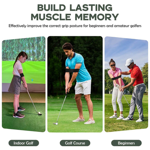 Grip Trainer And Swing Correcting Arm Band Golf Training Combo in use on golf course and indoor practice area, showing hand position.
