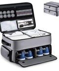 Durable Golf Trunk Organizer For Cars, Spacious Gear Storage With Water Repellent Exterior And Stain Proof Liner, open view with shoes and accessories