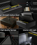 Biometric Gun Safe For Handgun With Quick Grab And Go Access In Under One Tenth Of A Second Three Way Fingerprint And Keypad Safe showing interior LED light and high-strength carbon steel construction with anti-peep keypad.
