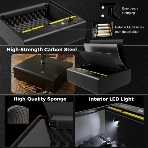 Biometric Gun Safe For Handgun With Quick Grab And Go Access In Under One Tenth Of A Second Three Way Fingerprint And Keypad Safe showing interior LED light and high-strength carbon steel construction with anti-peep keypad.