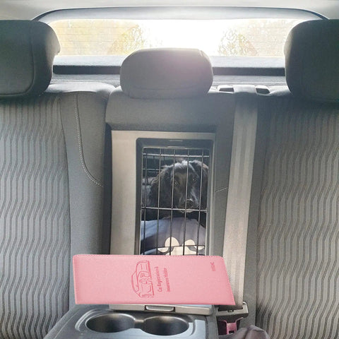Premium Leather Car Document Wallet With Clear Window Pockets For Registration Insurance And Id Cards on vehicle armrest with dog in carrier