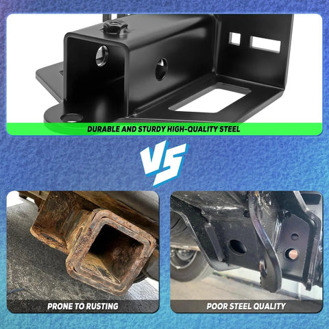 Heavy Duty 2 Inch Receiver Tow Hitch For Zero Turn Mowers, Golf Carts, ATVs And Trailers, Built Tough And Ready For Lawn Tractors, Garden Gear, And Farm Use On Any Terrain. Black steel tow hitch with rusted and damaged mount examples