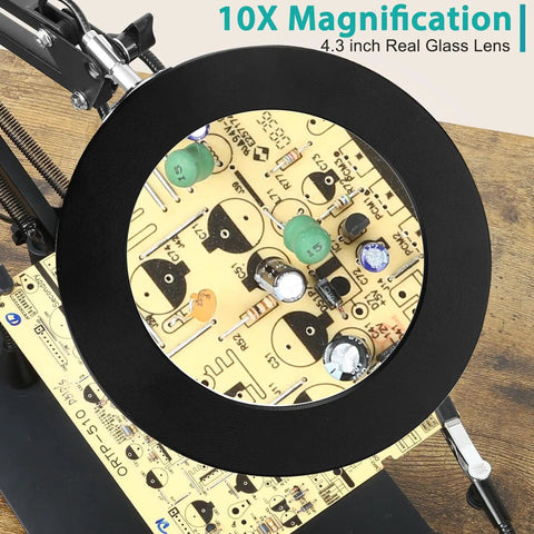 10X LED Magnifying Lamp With Light And Stand, Three Color Modes, Stepless Brightness, Four Magnetic Third Hand Soldering Tools, 4.3 Inch Real Glass Magnifier, PCB Holder, Desk Lamp For Soldering, Jewelry And Electronics Repair over circuit board