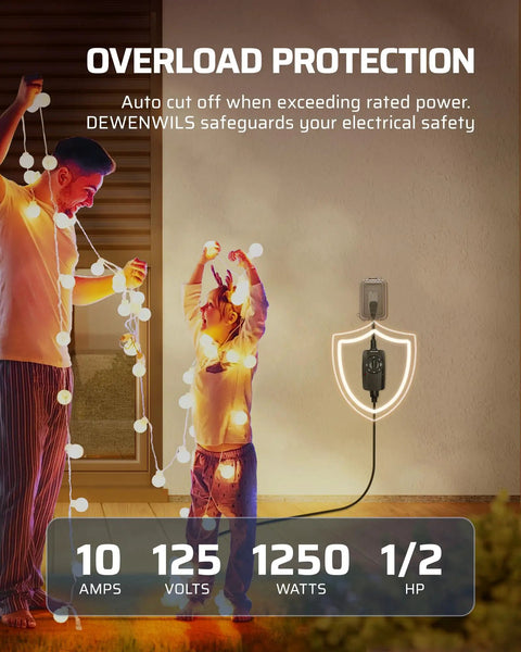 Heavy Duty Two Pack Outdoor Light Timer Featuring Smart Dusk To Dawn Photocell Sensor UL Listed, showing overload protection with child.