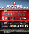 Image showing compatible garage door remote models from 1997 to present for Two Pack Universal Garage Door Opener Remote Replacement With Rolling Code Security For Genie And Overhead Door Systems Easy No Sweat Setup And Killer Daily Performance.
