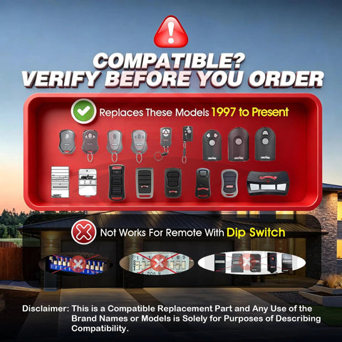 Image showing compatible garage door remote models from 1997 to present for Two Pack Universal Garage Door Opener Remote Replacement With Rolling Code Security For Genie And Overhead Door Systems Easy No Sweat Setup And Killer Daily Performance.