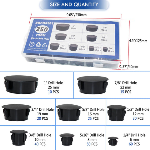 250 Piece Nylon Hole Plugs Set In 8 Sizes 1/4 To 1 Inch Black Flush Panel Knockout Locking Plugs with size chart and packaging