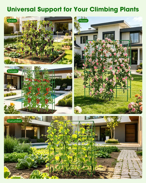 Collage of 65 Inch Outdoor Cucumber Trellis For Climbing Plants Heavy Duty Metal Garden Trellis With Dense Netting showcasing grapes, flowers, tomatoes, cucumbers.