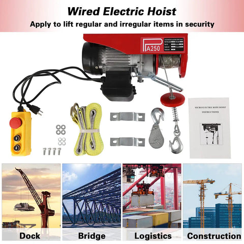 Badass No Sweat 110V Electric Hoist And Winch With 550 Lbs Lift Capacity Overhead Garage Ceiling Crane showing wired hoist components and remote.
