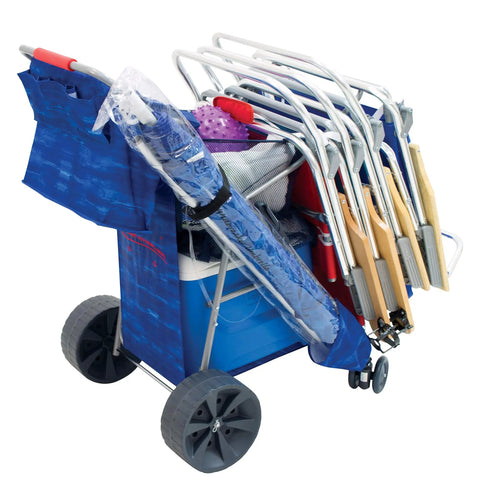 All-Terrain Foldable Beach And Utility Cart With 10 Inch Wheels, Holds 48 Quart Cooler And Four Chairs, loaded with beach gear
