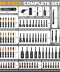 Beefy 86 Piece Magnetic Nut Driver Set And Impact Driver Bits with Metric and SAE sockets, adapters, and bit holder layout