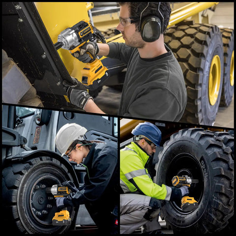 Workers using Beast Heavy Duty Impact Wrench With 1328 Ft Lbs Breakaway Torque For Trucks And Heavy Equipment on tire bolts
