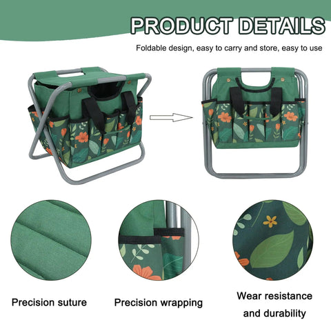 Foldable Gardening Stool With Detachable Storage Tote showing precision stitches, floral design, and sturdy steel frame.