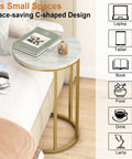 Marble Top C Shaped End Table With Gold Metal Frame by sofa, compact space-saving design with book and plant accessory