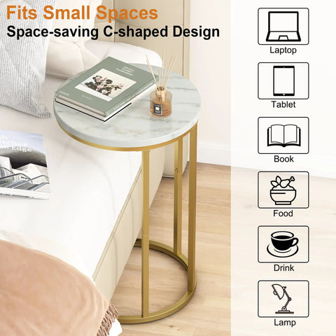 Marble Top C Shaped End Table With Gold Metal Frame by sofa, compact space-saving design with book and plant accessory