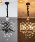 Crystal Drum Chandelier With Bronze Finish Four Light Ceiling Fixture showing on and off in living room.