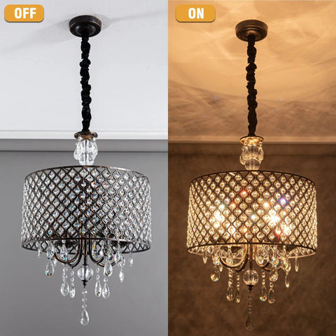 Crystal Drum Chandelier With Bronze Finish Four Light Ceiling Fixture showing on and off in living room.