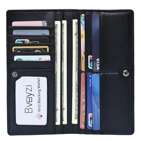 Ultra Slim Leather RFID Blocking Card Holder Wallet For Women Bifold Clutch Style Full Grain Pebbled Leather Black open view