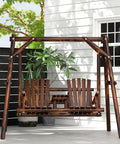 Wooden Porch Swing With Stand Two Seat Patio Swing Chair With Center Table For Garden Poolside Backyard Outdoor Adirondack Rustic Fir Log Design With Carbonized Finish on patio