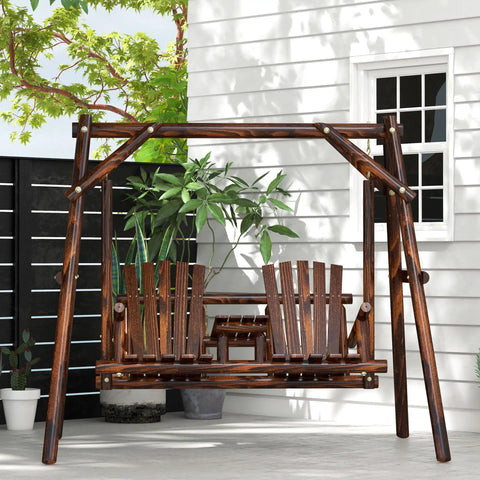 Wooden Porch Swing With Stand Two Seat Patio Swing Chair With Center Table For Garden Poolside Backyard Outdoor Adirondack Rustic Fir Log Design With Carbonized Finish on patio