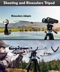 Beefy Heavy Duty Tripod For Spotting Scope And Binoculars With Yoke Stand. Binoculars and adapter with landscape view.