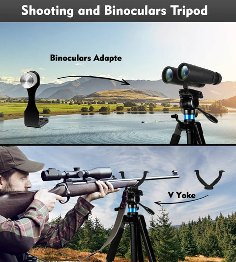 Beefy Heavy Duty Tripod For Spotting Scope And Binoculars With Yoke Stand. Binoculars and adapter with landscape view.