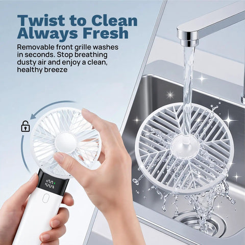 Handheld USB Rechargeable Fan With 3000mAh Battery Portable Mini Personal Fan grille being cleaned under water