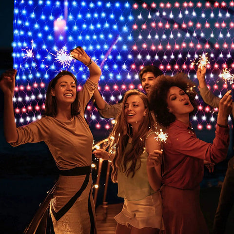 Group enjoying party with Patriotic American Flag LED Net Lights For Outdoor Decor, 420 LED Waterproof String Lights backdrop.