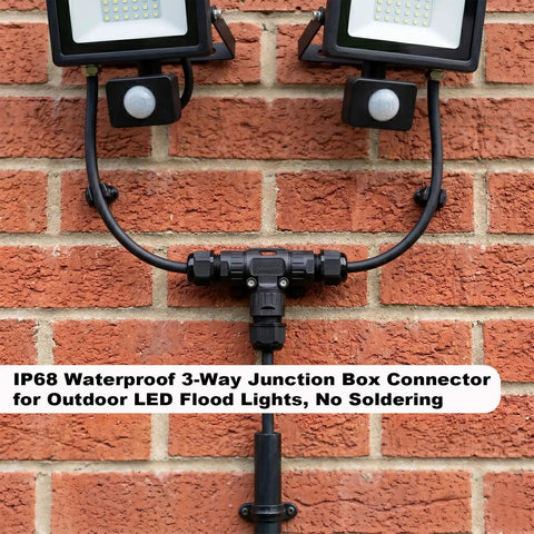 Waterproof IP68 3 Pin 3 Way Cable Connector Junction Box for Outdoor LED Flood Lights on brick wall, TUV listed