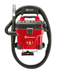 5 Gallon Wall Mount Wet Dry Vacuum With Remote Control Handle, 5 Peak HP Power, shown with accessory hose and mount handle