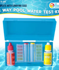 Professional Three Way Swimming Pool And Spa Water Test Kit For Liquid Drop Analysis Of Ph Chlorine And Bromine Levels With Heavy Duty Case open with bottles.