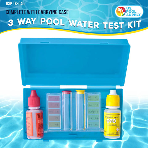 Professional Three Way Swimming Pool And Spa Water Test Kit For Liquid Drop Analysis Of Ph Chlorine And Bromine Levels With Heavy Duty Case open with bottles.