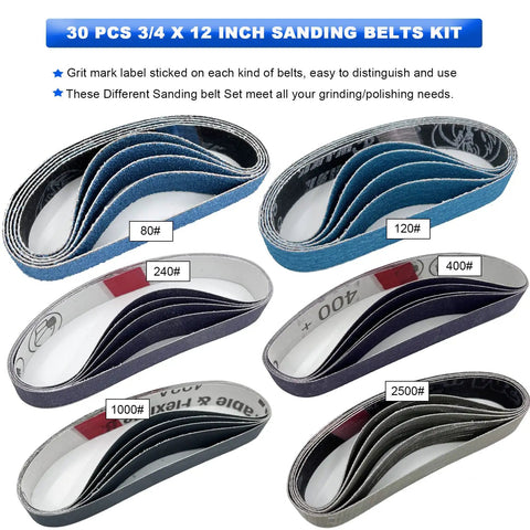 Three Quarter Inch By Twelve Inch Replacement Sanding Belt Kit For Ken Onion Edition Knife And Tool Sharpener Includes Belts In Grits 80 120 240 400 1000 2500 For Precise Edge Refinement, showing arrangement of labeled belts