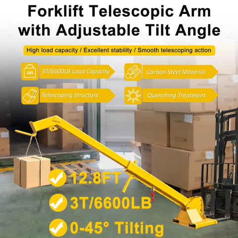 Built Like A Tank Forklift Telescopic Boom 3 Ton 12.8 Ft Extension Rack with adjustable tilt and carbon steel construction.