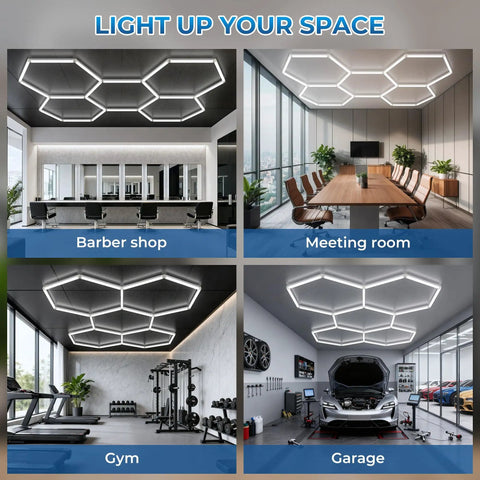 Hexagon LED Garage Lights 6500K Ultra Bright 156W 17280LM Beast Mode Daylight Honeycomb Panels in various spaces