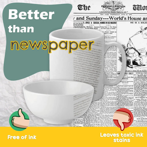 Image showing a white mug and bowl in front of a newspaper backdrop with text emphasizing 'Better than newspaper', highlighting ink-free quality.