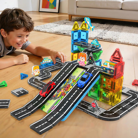 Child playing with Mini Magnetic Tiles Road Travel Set For Kids On The Go Portable STEM Sensory Building Blocks on floor