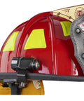 Red helmet with Vantage II 350 Lumen Hands Free Helmet Light With Rear Safety LED Black For Fire, Industrial And Jobsite Use, mounted on side.
