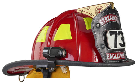 Red helmet with Vantage II 350 Lumen Hands Free Helmet Light With Rear Safety LED Black For Fire, Industrial And Jobsite Use, mounted on side.