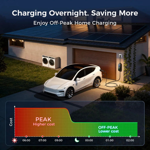 Tesla Portable Electric Vehicle Charger Level 1 And Level 2 Mobile Wall Connector With 16A Adjustable Amperage and Smart Timer Cord charging a white Tesla Model Y in a home garage.