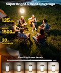 Group camping at night with Brighter Than The Night Ultra Bright 135 LED Camping Lantern With 5000mAh Rechargeable Battery illuminating area